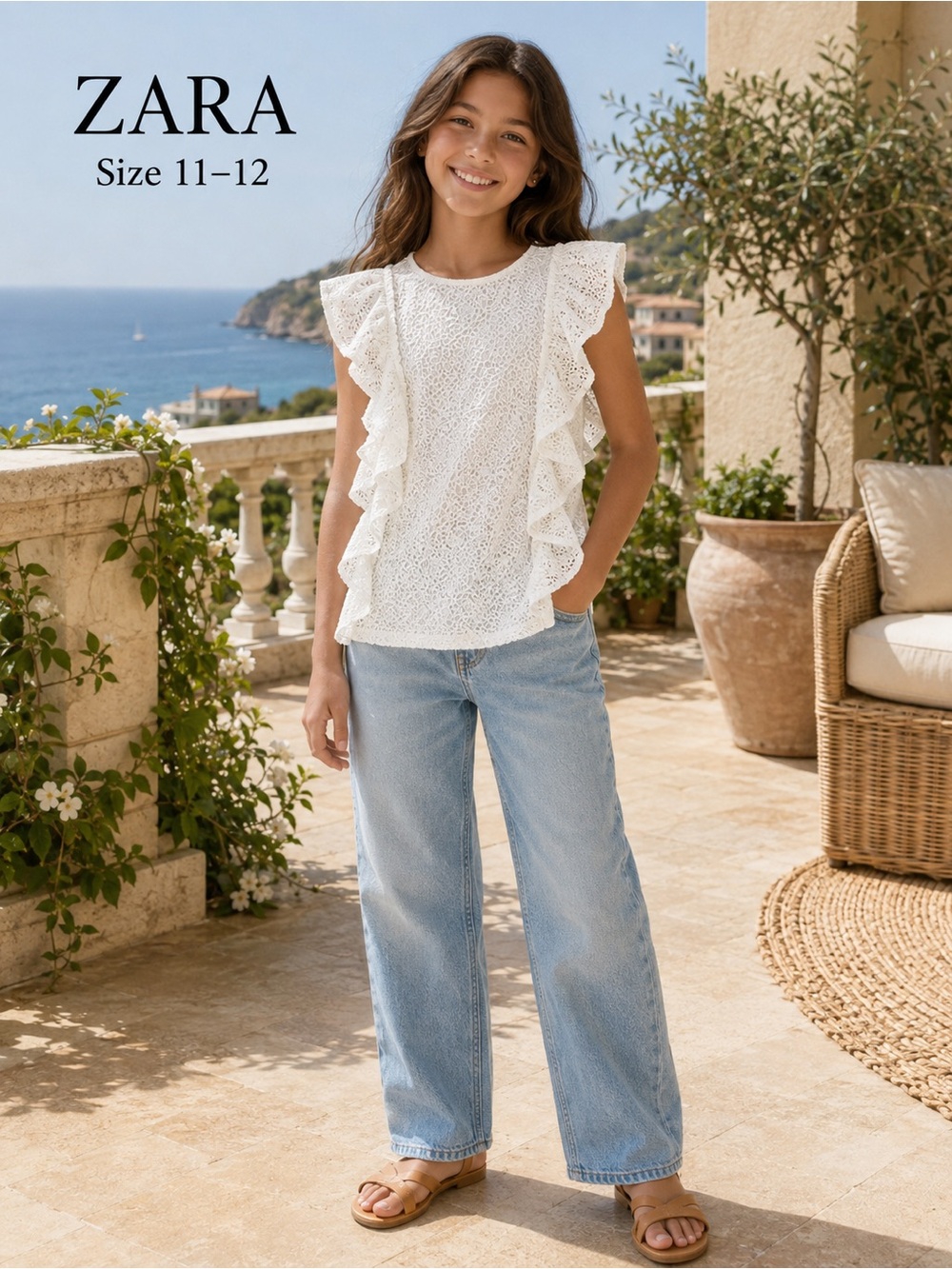 Zara Girls 11-12 White Lace Ruffle Flutter Sleeve Blouse Top
